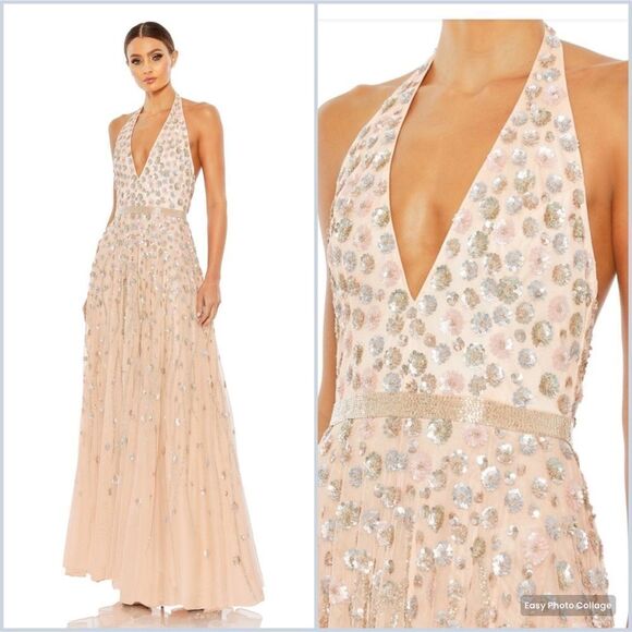 NWT Mac Duggal Halter Back Floral Embellished Gown 5654 Blush Size 10 - Picture 1 of 16